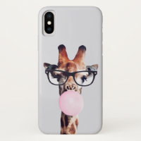 Giraffe wearing glasses blowing pink bubble gum
