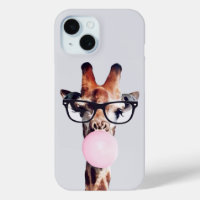 Giraffe wearing glasses blowing pink bubble gum