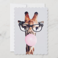 Giraffe Wearing Glasses blowing pink bubble gum