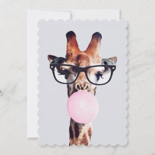 Giraffe Wearing Glasses blowing pink bubble gum Invitation