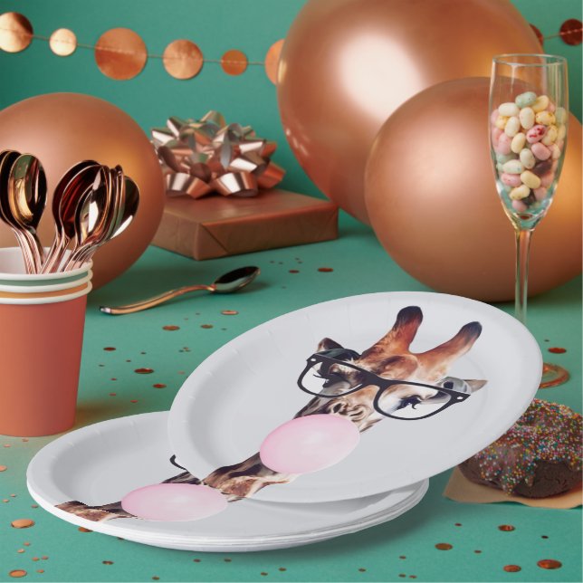 Giraffe Wearing Glasses Blowing Pink Bubble gum  Paper Plate (Multi)