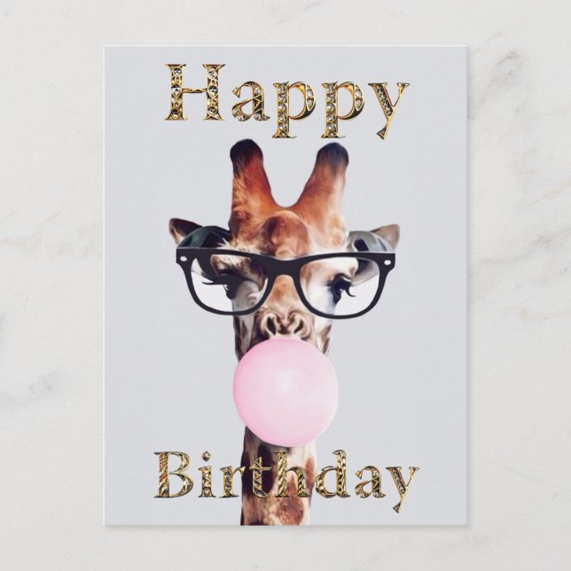 Giraffe Wearing Glasses Blowing Pink Bubble gum Postcard (Front)