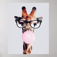 Giraffe Wearing Glasses Blowing Pink Bubble gum