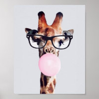 Giraffe Wearing Glasses Blowing Pink Bubble gum