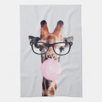 Giraffe Wearing Glasses Blowing Pink Bubble gum