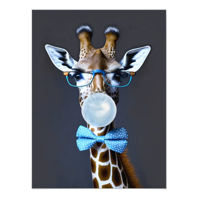 Giraffe wearing glasses, bow tie blowing blue gum photo print (Front)