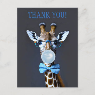 Giraffe wearing glasses, bow tie blowing blue gum postcard