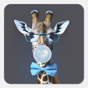 Giraffe wearing glasses, bow tie blowing blue gum square sticker