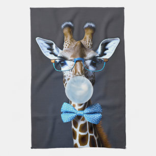 Giraffe wearing glasses, bow tie blowing blue gum tea towel