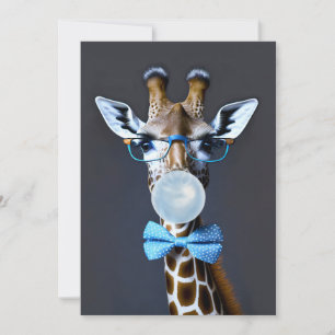 Giraffe wearing glasses, bow tie blowing blue gum thank you card