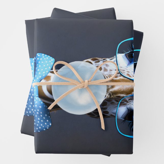 Giraffe wearing glasses, bow tie blowing blue gum wrapping paper sheet (In situ)
