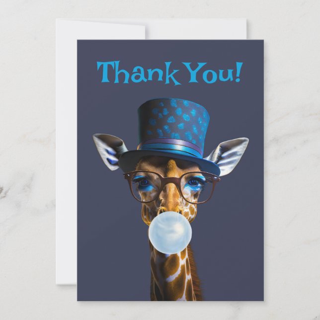Giraffe wearing glasses, bow tie, top hat blue gum thank you card (Front)