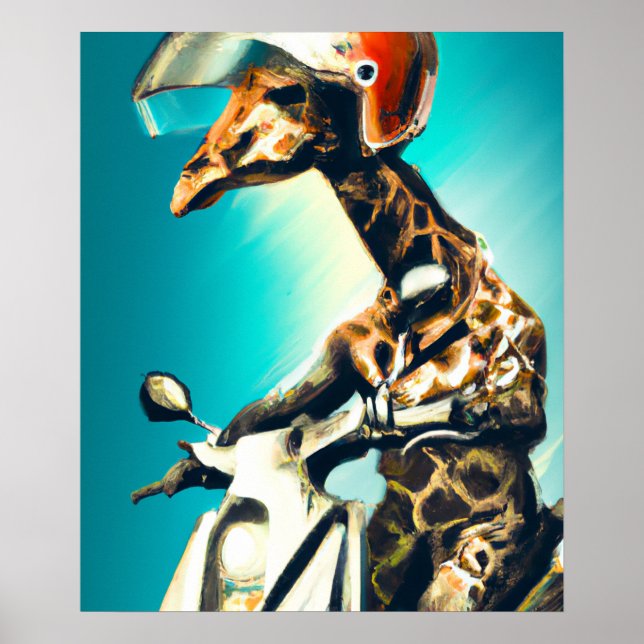 Giraffe Wearing Helmet on Motorcycle Modern AI Art Poster (Front)
