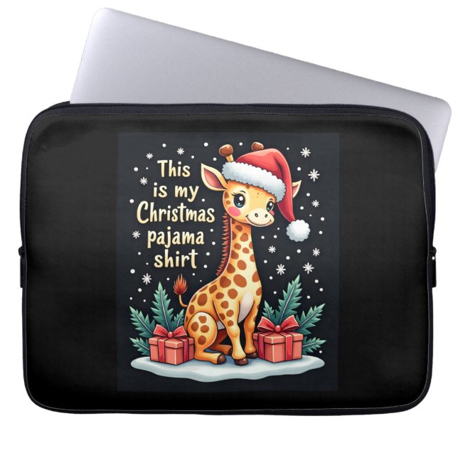 Giraffe Wearing Santa Hat Matching Christmas Pajam Laptop Sleeve (Front)