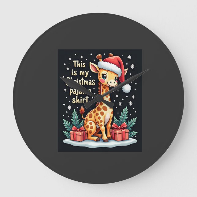 Giraffe Wearing Santa Hat Matching Christmas Pajam Large Clock (Front)