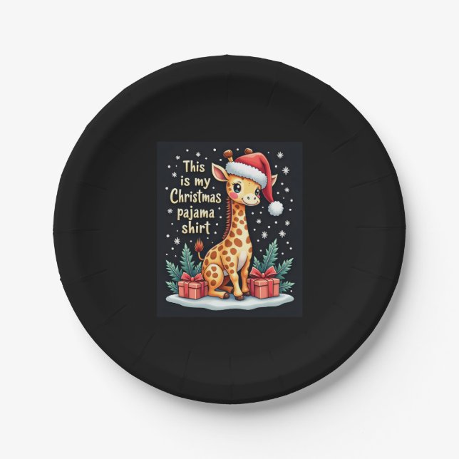 Giraffe Wearing Santa Hat Matching Christmas Pajam Paper Plate (Front)