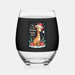 Giraffe Wearing Santa Hat Matching Christmas Pajam Stemless Wine Glass