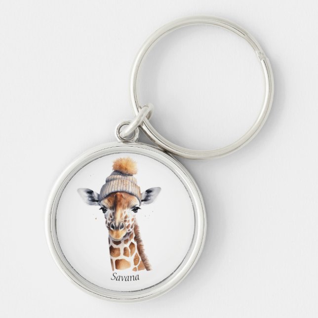 Giraffe wearing winter hat customisable  key ring (Front)