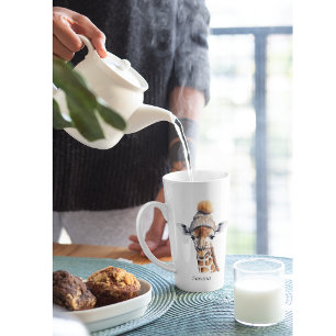 Giraffe wearing winter hat customisable latte mug