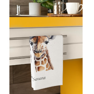 Giraffe wearing winter hat customisable tea towel