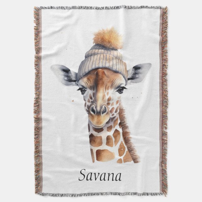 Giraffe wearing winter hat customisable  throw blanket (Front Vertical)