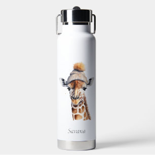 Giraffe wearing winter hat customisable water bottle