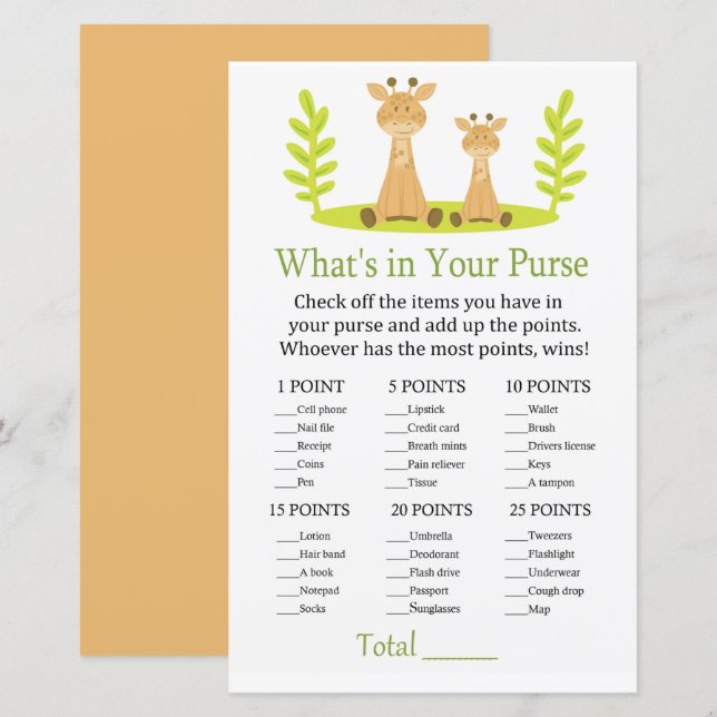 Giraffe What's in your purse game baby shower (Front/Back)
