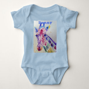 Giraffe Whimsical Watercolor Blue Babies Bodysuit