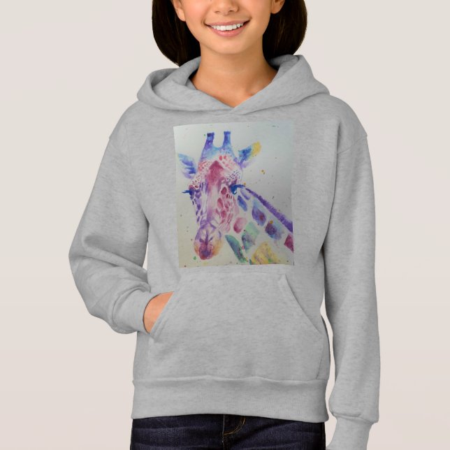 Giraffe Whimsical Watercolor Girls Pullover Hoodie (Front)