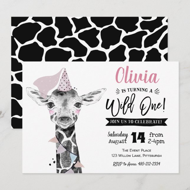 Giraffe Wild One | Girl 1st Birthday invitation (Front/Back)