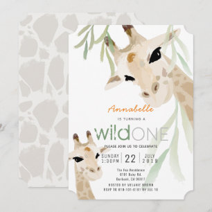 Giraffe Wild One Watercolor Kids 1st Birthday Invitation