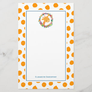 Giraffe with a  Floral Wreath on Orange Spots Stationery