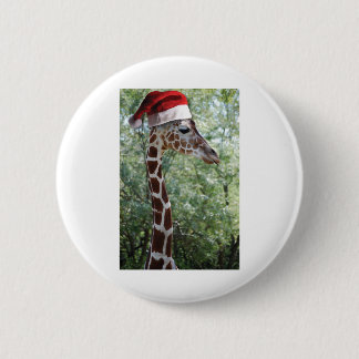 Giraffe with a Santa Claus Hat on 6 Cm Round Badge