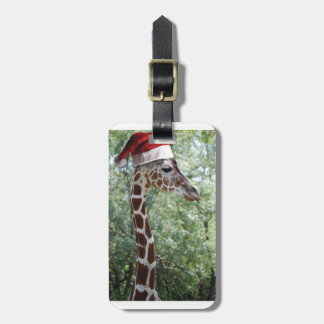 Giraffe with a Santa Claus Hat on Luggage Tag