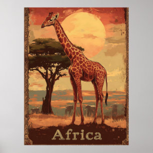 Giraffe with African Sunset -Vintage Travel Poster