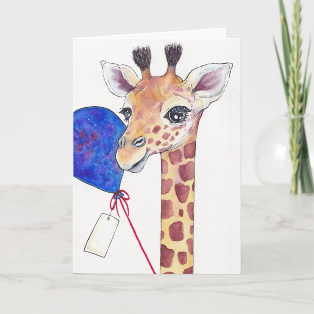 Giraffe with Balloon & Tag Celebratory Card (Front)