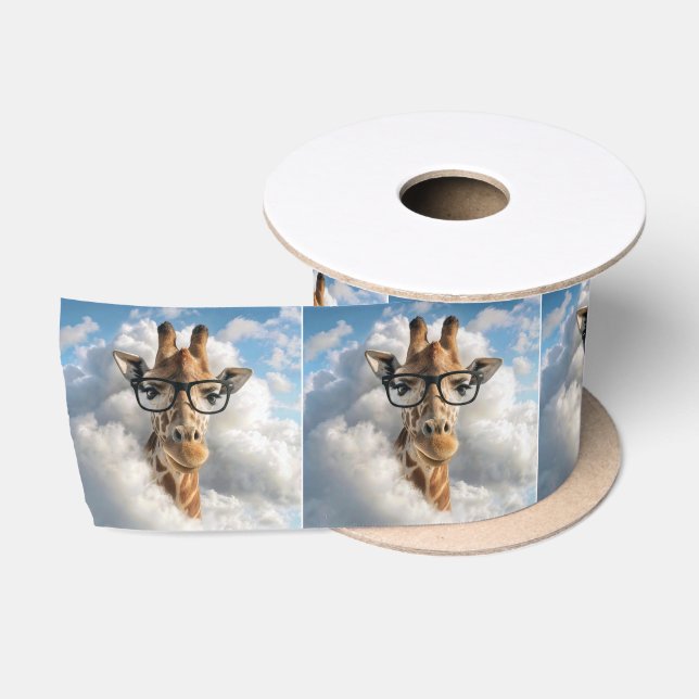 Giraffe with Black Glasses in Clouds Satin Ribbon (Spool)