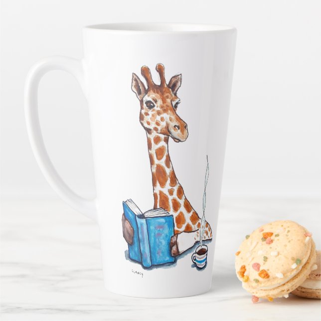 Giraffe with book and beverage latte mug (In Situ)