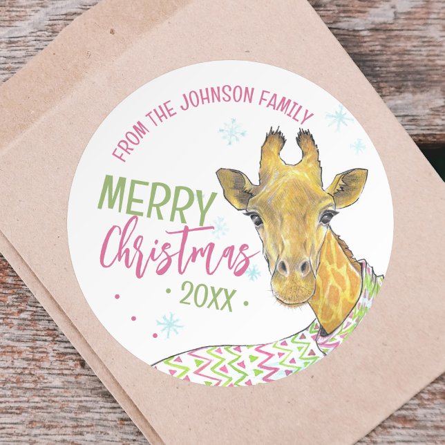 Giraffe with Christmas scarf Cute fun Animal art Classic Round Sticker (Creator Uploaded)