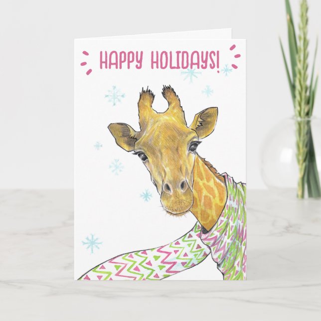 Giraffe with Christmas scarf Cute fun Animal art Holiday Card (Front)