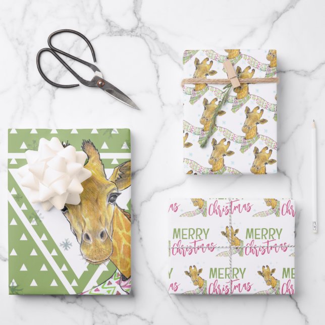 Giraffe with Christmas scarf Cute funny Animal art Wrapping Paper Sheet (Front)