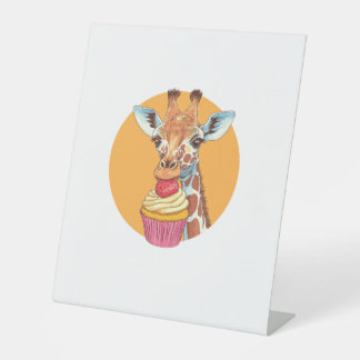 Giraffe With Cupcake Pedestal Sign