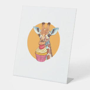 Giraffe With Cupcake Pedestal Sign