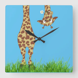 Giraffe With Daisy on Blue Square Wall Clock