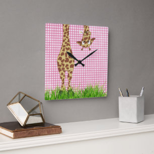 Giraffe With Daisy on Pink Gingham Square Wall Clock
