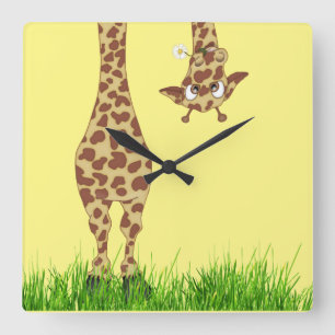 Giraffe With Daisy on Yellow  Square Wall Clock
