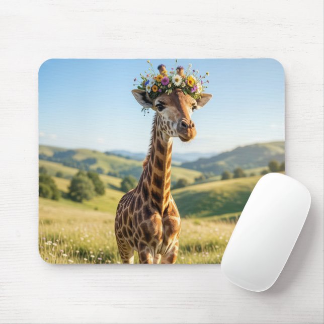 Giraffe with Floral Crown Mouse Mat (With Mouse)