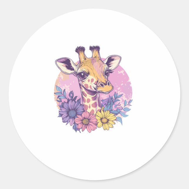 Giraffe With Flowers Illustration Artwork   Classic Round Sticker (Front)