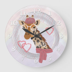 Giraffe with glasses and a red beret large clock