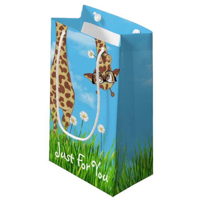 Giraffe with Glasses in Grass Small Gift Bag (Front Angled)